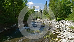 Aerial view of mountain brook or river flowing in the green valley. Beautiful mountains in the summer day. Tatra