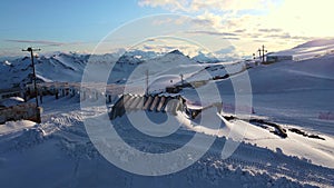 Aerial view of the mountain climber shelters on the slope of Mount Elbrus