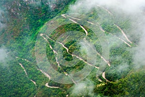 Aerial view of mountain forested serpetine road in Machupicchu