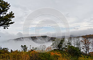 Aerial view of mountain forests engulfed in clouds during the autumn season photo