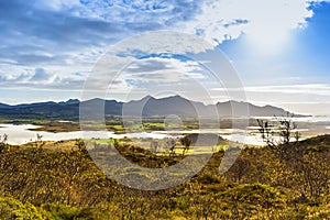 Aerial view of mountain landscape at holandsmelen, Vestvagoy, lofoten, Norway