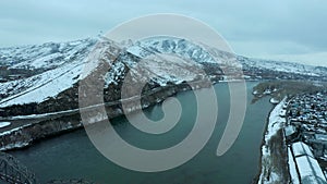 aerial view of the mountain near the Irtysh river, the city landmark of Ust-Kamenogorsk, the road at the foot of the