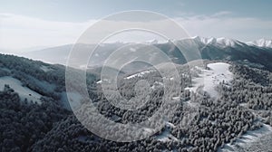 Aerial view of a mountain range covered in snow