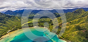 Aerial view of mountain ridges and coastline in Oahu Hawaii