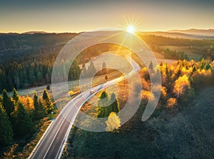 Aerial view of mountain road in forest at sunset in autumn