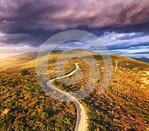 Aerial view of mountain road, green forest, dramatic overcast sky