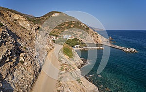 Aerial view on mountain road to cretan village Almirida and Mediterannean sea. Crete, Greece