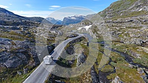 Aerial view of mountain and road to Dalsnibba, travelling caravan, Norway