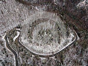 Aerial view of a mountain road in the winter