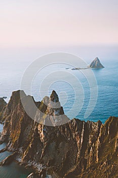 Aerial view mountain rocks in ocean landscape in northern Norway