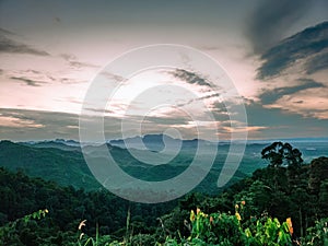 Aerial view of mountain during sunrise in Wang Kelian, Perlis, Malaysia