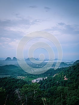 Aerial view of mountain during sunrise in Wang Kelian, Perlis, Malaysia