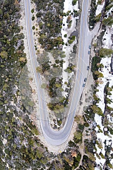 Aerial view of mountain top horseshoe turn on in Lake Tahoe, California