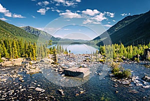 Aerial view of mountain torrent with rapids.