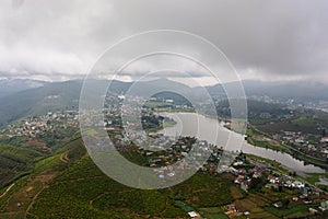 Aerial view of Nuwara Eliya town in the mountainous province. Sri Lanka.
