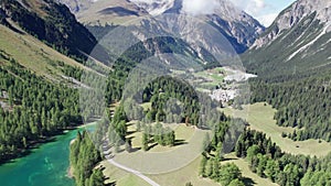 Aerial View Mountain Valley with Alpine Palpuogna Lake in Albulapass, Swiss Alps