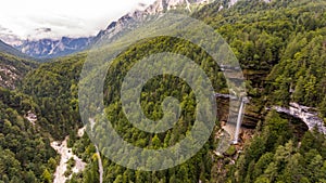 Aerial view of mountain valley with double water fall.