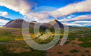 Aerial view of mountains above the village of Akranes in western Iceland