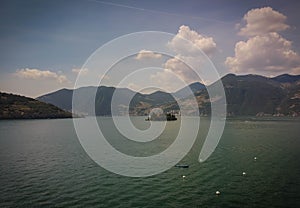 Aerial view of mountains and lake Iseo in Lombardy, Italy