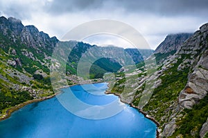 Aerial view of mountains and a lake in Lofoten Islands, Norway