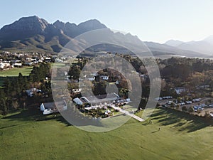 Aerial view of mountains in Somerset West and Lourensford wine estate near Cape Towno