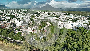 Aerial view of mountains and trees from Flic en Flac Beach, Mauritius Island