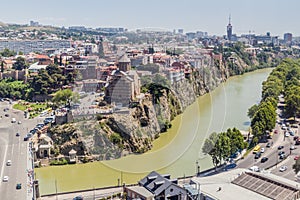 Aerial view of Mtkvari River in the Old town of Tbilisi, Georg