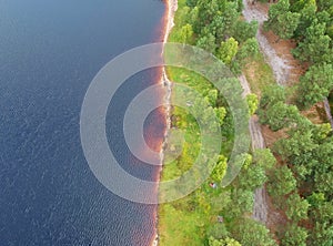Aerial view on mud lake surface, forest and shore photo