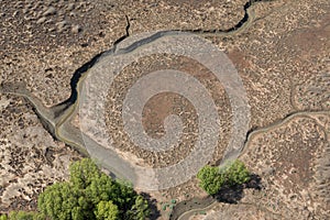 Aerial view of the mudflat coastline at low tide with creek winding through the mud and mangroves