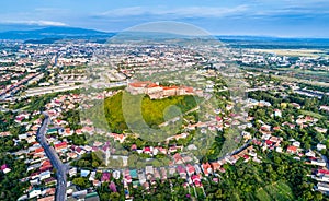 Aerial view of Mukachevo with the Palanok Castle in Ukraine