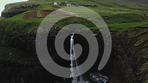 Aerial view of the Mulafossur Waterfall on Faroe Island