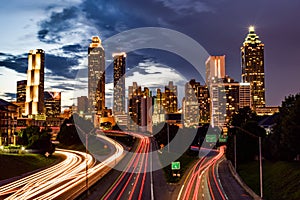 Aerial View of Multi-lane Highway and Skyline of Atlanta