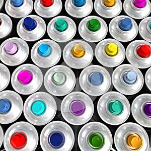 Aerial view of multicolored aerosol cans photo