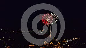 Aerial View of Multiple Fireworks Explosives and Display on a Quiet Clear Night