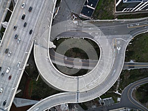 Aerial view of a multiple lane highway road with traffic