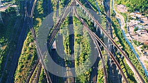 Aerial view of multiple railroads and scenic area of Suzhou city, China