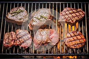 aerial view of multiple steaks cooking over a gas grill