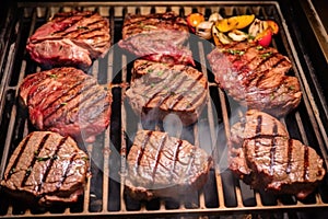 aerial view of multiple steaks cooking over a gas grill