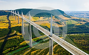 Aerial view of multispan cable stayed Millau Viaduct, France