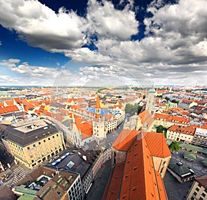 The aerial view of Munich city cente