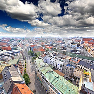 The aerial view of Munich city cente