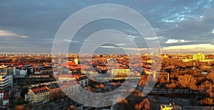 Aerial view of Munich on a winter day at sunset, munich, germany