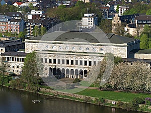 Aerial view of the municipal hall Muelheim with the river Ruhr in the foreground