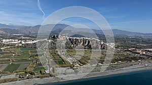 aerial view of the municipality of Salobreña on the tropical coast of Granada, Andalusia.