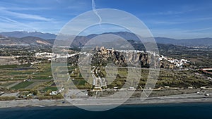 aerial view of the municipality of Salobreña on the tropical coast of Granada, Andalusia.