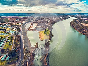 Aerial view of Murray River and the town of Berri.