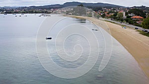 Aerial view of mussels farming in the Spanish coast of Pontevedra.