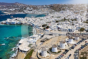 Aerial view of Mykonos town with the whitewashed houses