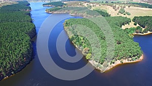 Aerial view of Myponga Dam Reservoir over Pine Plantation