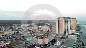 Aerial view of Myrtle Beach coastline and buildings from drone, South Carolina